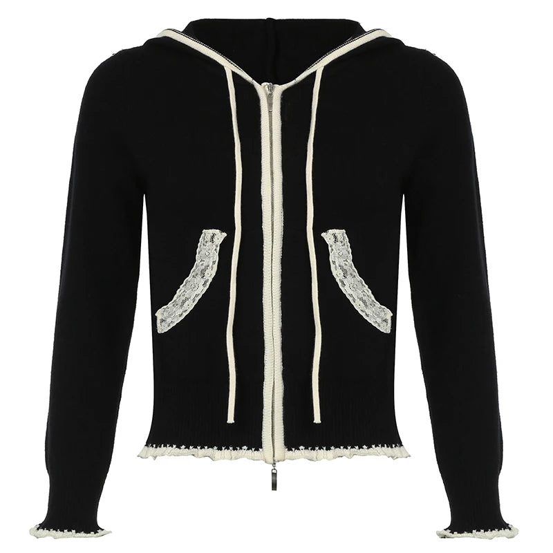 Suéter de punto con ribete de encaje negro para mujer, cárdigan de otoño e invierno, abrigo nuevo, básico, dulce, combinable, a la moda.