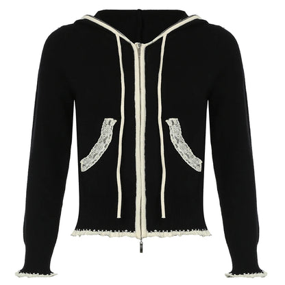 Suéter de punto con ribete de encaje negro para mujer, cárdigan de otoño e invierno, abrigo nuevo, básico, dulce, combinable, a la moda.