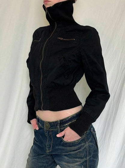 Chaqueta bomber de manga larga ajustada con cuello alto y cremallera negra de estilo callejero coreano para mujer, nueva moda de otoño, prendas de vestir góticas