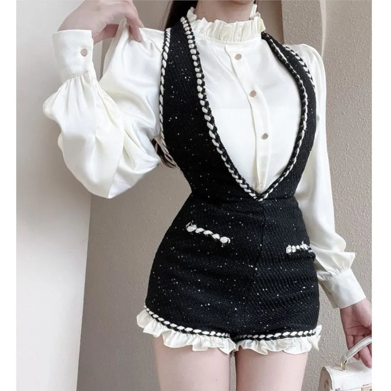 French Vintage Two-piece Set Women Solid Ruffles O-neck Shirt Tweed Halter Short Overalls Elegant Fashion Autumn Y2K Outfits New