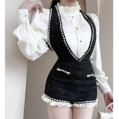 French Vintage Two-piece Set Women Solid Ruffles O-neck Shirt Tweed Halter Short Overalls Elegant Fashion Autumn Y2K Outfits New