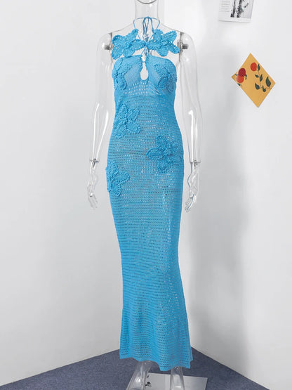 Sexy Knitted 3d Flower Halter Long Dress Women Crochet Hollow Out Sleeveless Blue Maxi Dresses  New Lady Beach Vacation Robe