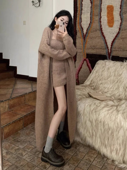 Conjunto de falda de punto de 3 piezas para mujer, cárdigan largo liso sin tirantes, minifalda Y2K, prenda de punto elegante coreana, otoño e invierno, nuevo