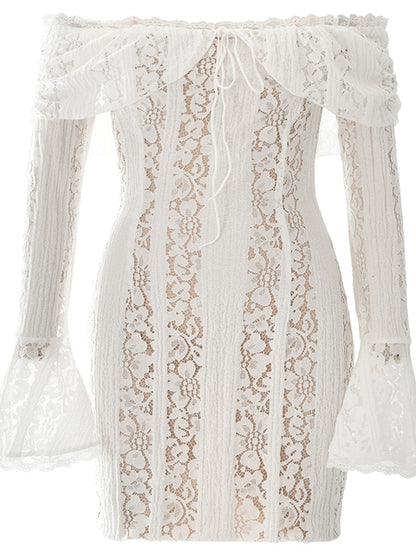 Minifalda ajustada de manga larga con encaje de retazos para mujer, vestido sexy ajustado con encaje calado y mangas acampanadas para fiesta y club.