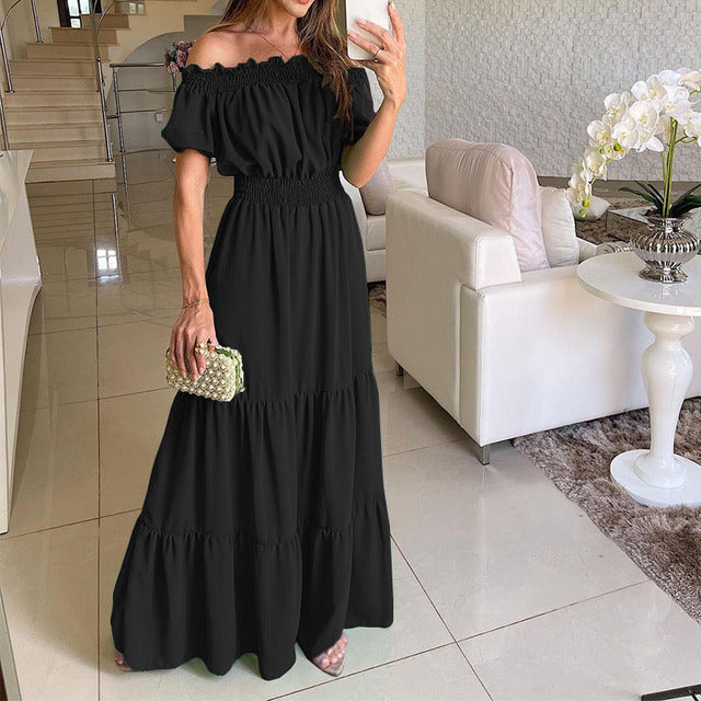 2025 Summer Vestidos Red Short Sleeve Sexy Club Party Evening Long Dress Slim Solid Color Robe Ruffles Elastic Waist Slash Neck