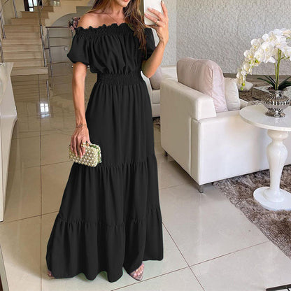 2025 Summer Vestidos Red Short Sleeve Sexy Club Party Evening Long Dress Slim Solid Color Robe Ruffles Elastic Waist Slash Neck