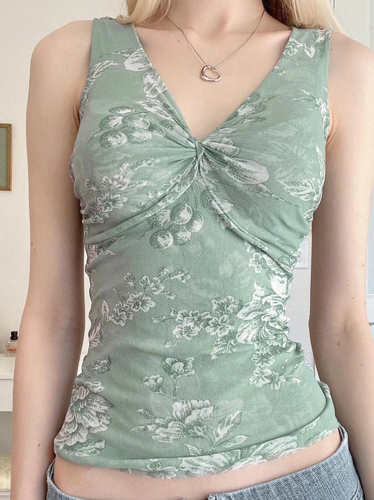 Chaleco de malla con estampado floral verde retro, sin mangas, cuello en V torcido, top corto ajustado para mujer, atuendos bohemios para vacaciones de verano