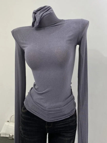 Camiseta fina y suave de manga larga americana con cuello alto y perspectiva ajustada para mujer, ropa de calle sexy