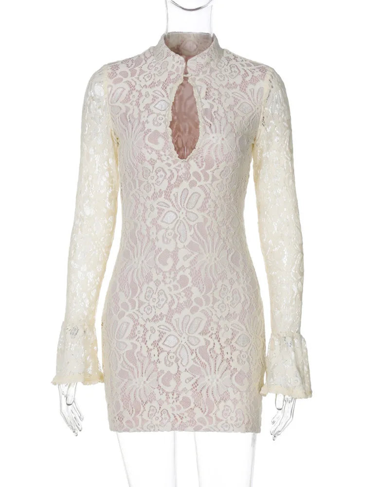 Vestido mini sexy de manga larga con encaje calado para mujer, vestido de moda con cuello medio alto, ajustado, para fiesta y club, vestidos elegantes