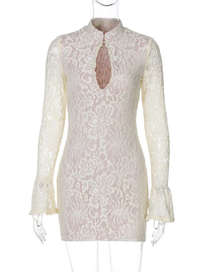 Vestido mini sexy de manga larga con encaje calado para mujer, vestido de moda con cuello medio alto, ajustado, para fiesta y club, vestidos elegantes