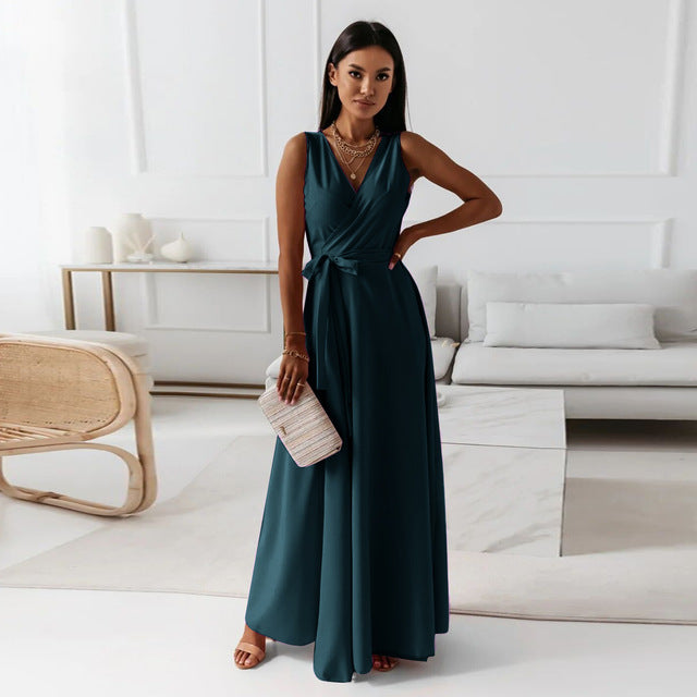 2025 Dresses For Women White Sleeveless Sexy Loose V Neck Solid Color Long Dresses Elegant Party Evening Robe Vestidos