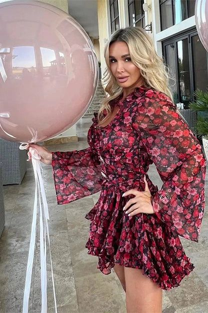 V-Neck Long Sleeve Mini Dress