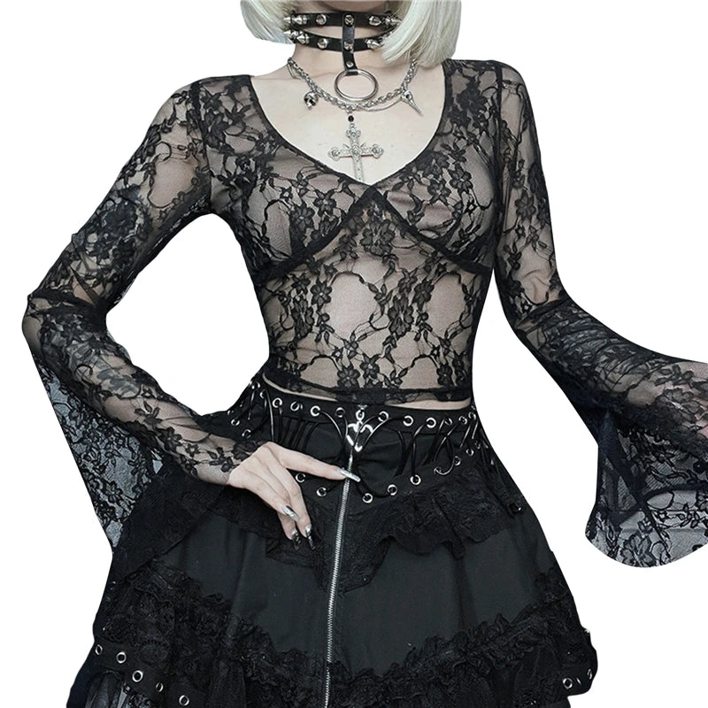 Camisetas Cyber Y2K para mujer, estética, transparente, con encaje floral, acampanadas, de manga larga, estilo gótico grunge de los años 2000, ropa urbana