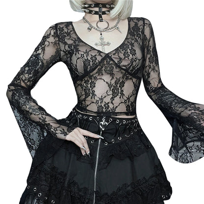 Camisetas Cyber Y2K para mujer, estética, transparente, con encaje floral, acampanadas, de manga larga, estilo gótico grunge de los años 2000, ropa urbana