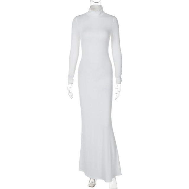 Vestido largo de cuello alto y manga larga para mujer, vestido de otoño e invierno, nuevo, liso, sexy, largo hasta el suelo.