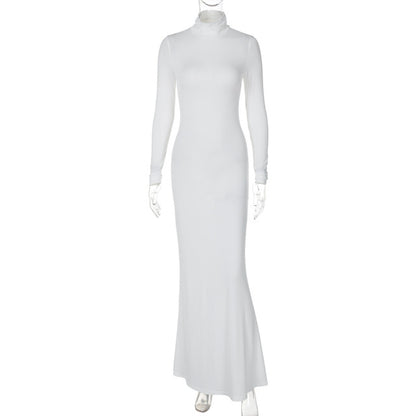 Vestido largo de cuello alto y manga larga para mujer, vestido de otoño e invierno, nuevo, liso, sexy, largo hasta el suelo.
