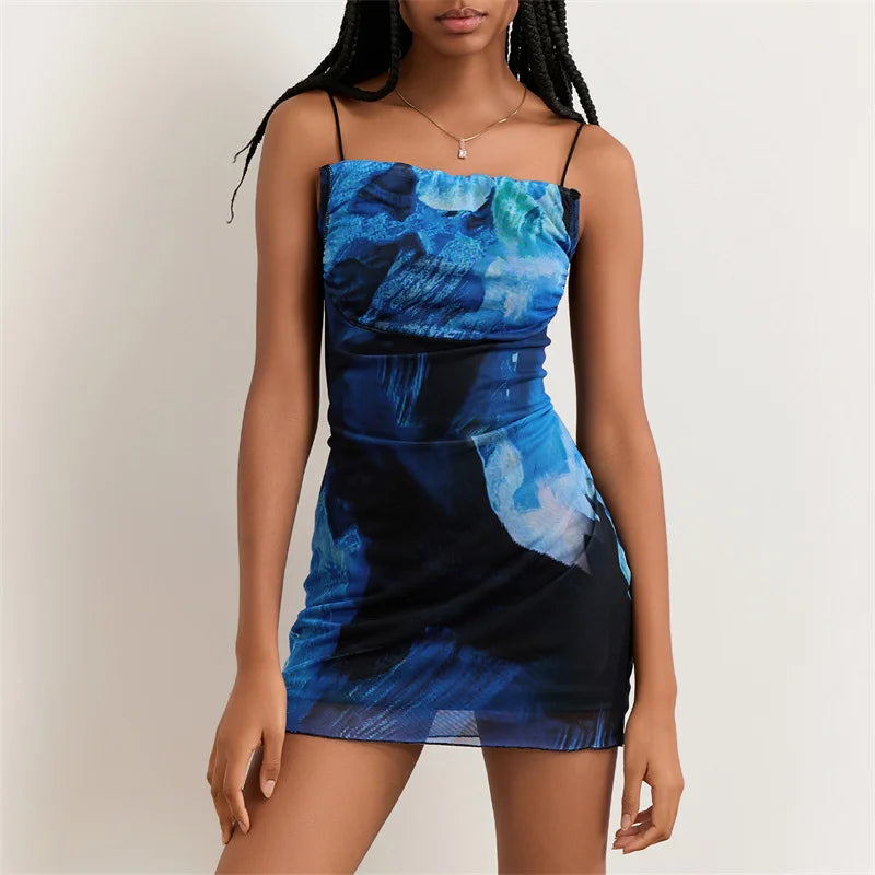 Vestido mini sexy de verano para mujer, estampado floral, cuello cuadrado, tirantes finos, sin mangas, vestido corto, vestidos de fiesta de noche