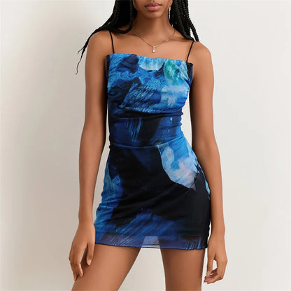 Vestido mini sexy de verano para mujer, estampado floral, cuello cuadrado, tirantes finos, sin mangas, vestido corto, vestidos de fiesta de noche