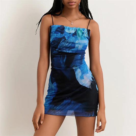 Vestido mini sexy de verano para mujer, estampado floral, cuello cuadrado, tirantes finos, sin mangas, vestido corto, vestidos de fiesta de noche