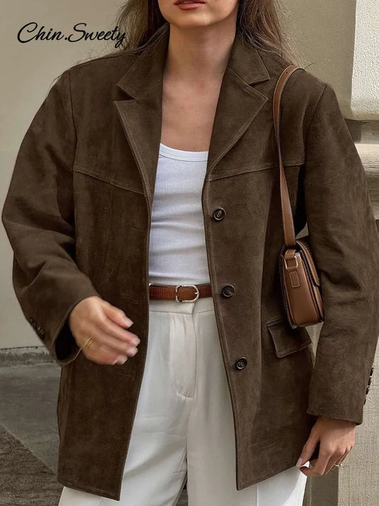 Chaquetas de gamuza para mujer, con solapa suelta, botonadura sencilla, mangas largas, bolsillos, blazer, abrigos, moda femenina de otoño, novedad en prendas de vestir exteriores.