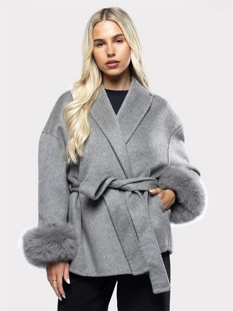 Abrigo de lana de piel de zorro para mujer, abrigo corto de oficina, elegante abrigo de lana de doble cara, chaquetas tipo cárdigan nuevas de 2025, holgadas