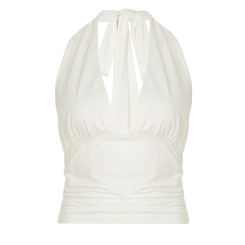 Tops sexys de estilo coreano para mujer, estilo halter, sin mangas, espalda descubierta, ajustados, con cordones y cuello en V, lisos.