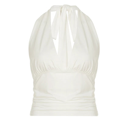 Tops sexys de estilo coreano para mujer, estilo halter, sin mangas, espalda descubierta, ajustados, con cordones y cuello en V, lisos.