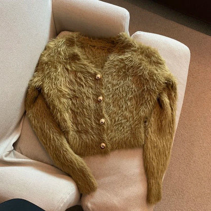 Cárdigan de punto de mohair recortado vintage para mujer, suéter con cuello en V, abrigo, ropa de calle coreana, prendas de punto en blanco y negro, jerséis ajustados sólidos, nuevo