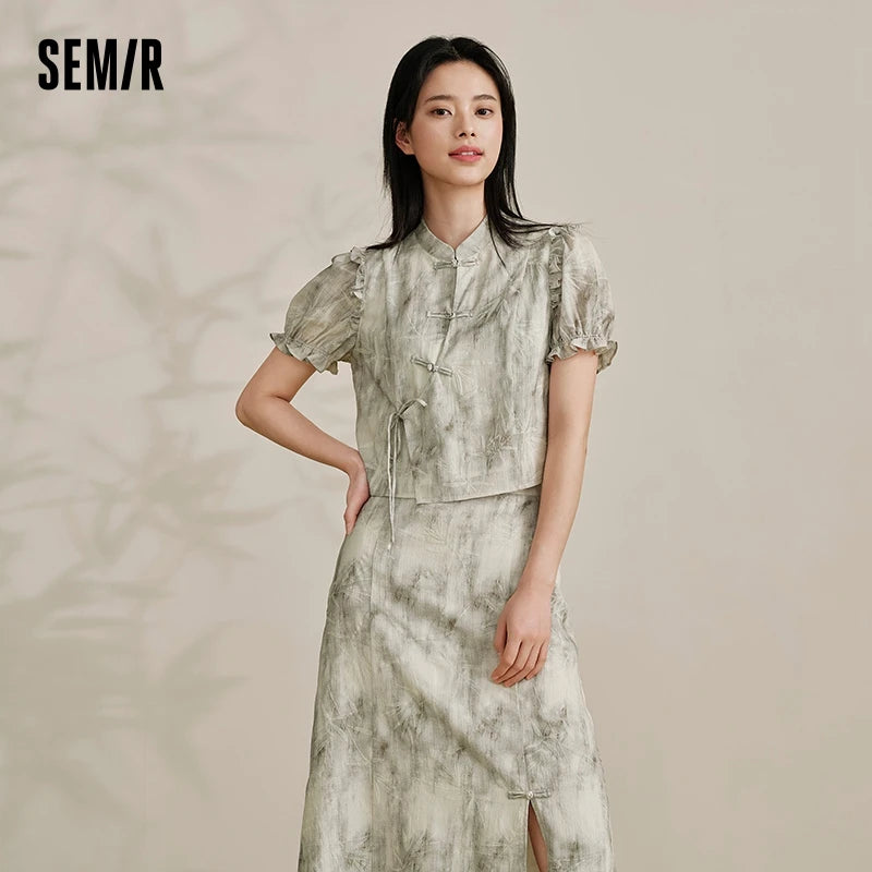 Traje de marca compartida para mujer, top corto ajustado, falda larga abierta, conjunto de ropa Guo Feng de verano de dos piezas