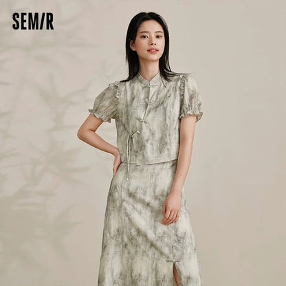 Traje de marca compartida para mujer, top corto ajustado, falda larga abierta, conjunto de ropa Guo Feng de verano de dos piezas