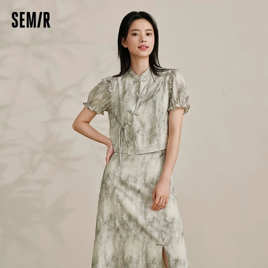 Traje de marca compartida para mujer, top corto ajustado, falda larga abierta, conjunto de ropa Guo Feng de verano de dos piezas