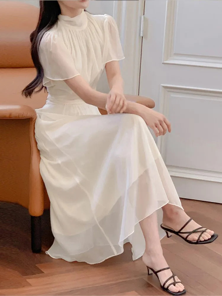 Elegantes vestidos midi sólidos para mujer, con volantes, cuello medio alto, corte en A, para oficina, informales, moda coreana, otoño, nuevos vestidos para mujer