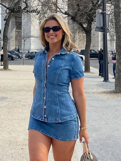 Elegant Two Pieces Skirt Set Women Denim Blue Short Sleeve Top Wrap Hip Mini Skirts Suits 2025 Spring New in Matching Outfits