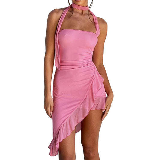 Ruffled Dresses for Women Summer Solid Color Sleeveless Halterneck Backless Irregular Hem Midi Dress y2k Party Dress