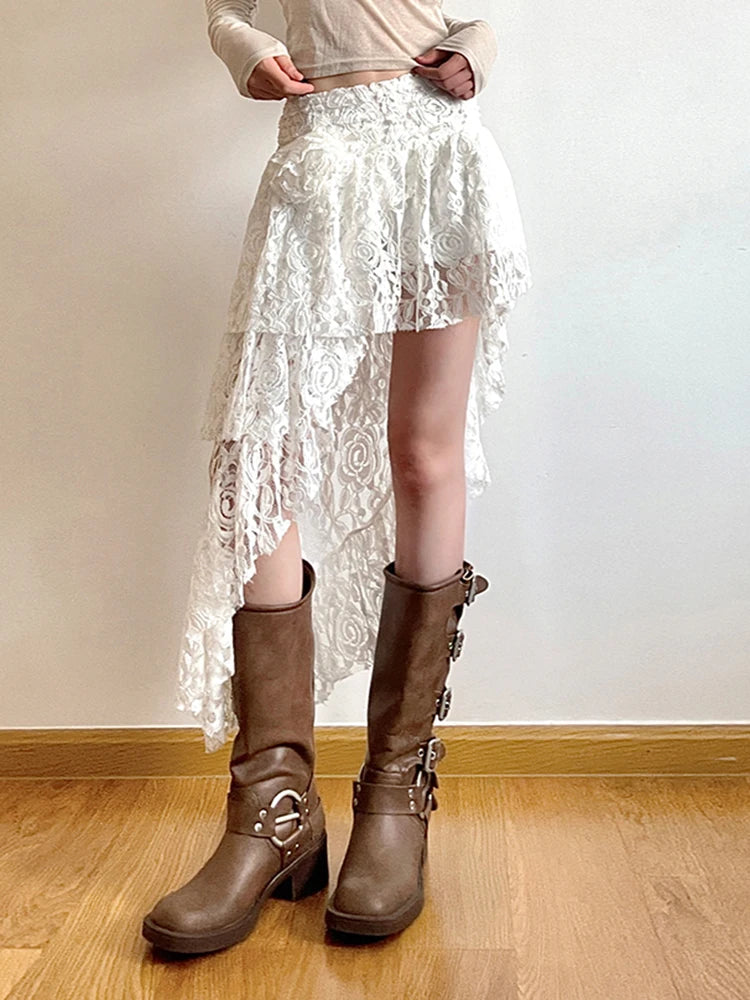 Falda de encaje asimétrica para vacaciones de verano para mujer, con lazo floral, estilo bohemio chic.