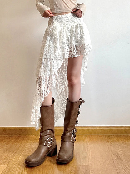 Falda de encaje asimétrica para vacaciones de verano para mujer, con lazo floral, estilo bohemio chic.