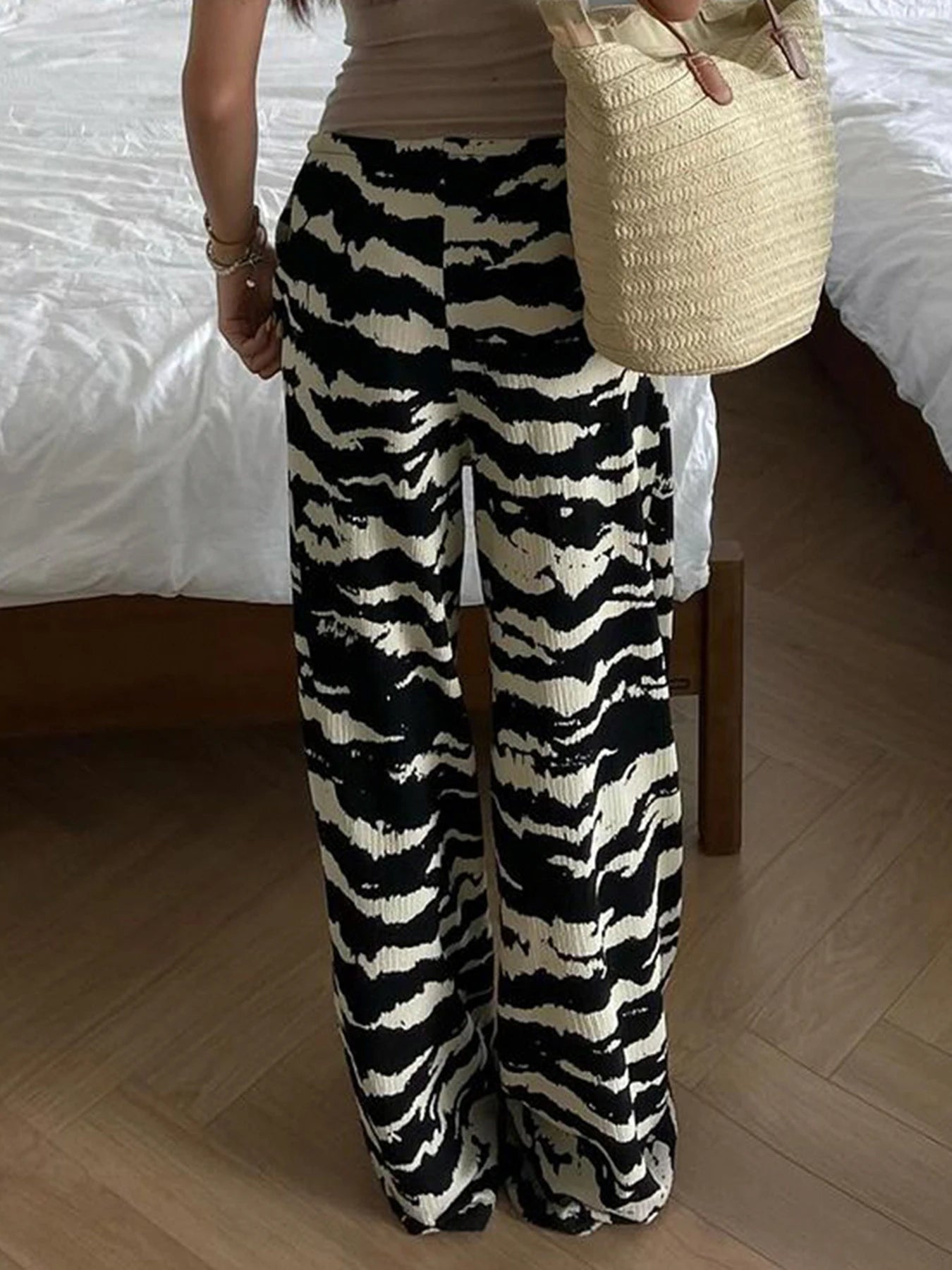 Pantalones rectos de punto con rayas de cebra para mujer, con cordón ajustable, cintura elástica, holgados e informales, conjuntos bohemios para vacaciones.