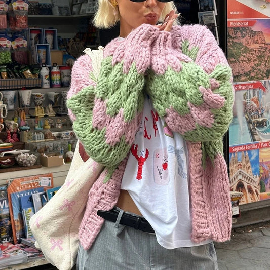 Cárdigan corto con estampado de rayas, suéter de punto con mangas de linterna vintage, abrigo de punto estético Y2k para mujer, ropa de calle de otoño