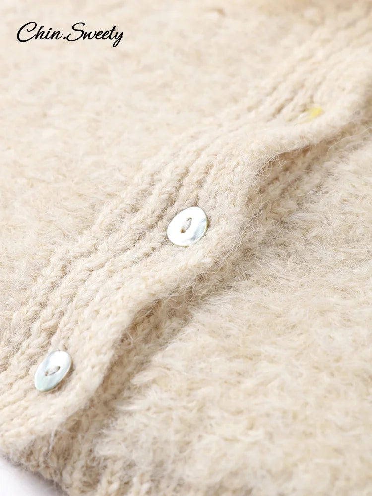 Mohair Knitted Short Sleeve Cardigan Women Lace Bow Single Breasted O-neck Slim Sweater  Autumn Winter Fashion Lady Knitwear
