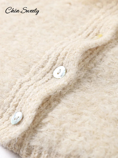 Mohair Knitted Short Sleeve Cardigan Women Lace Bow Single Breasted O-neck Slim Sweater  Autumn Winter Fashion Lady Knitwear