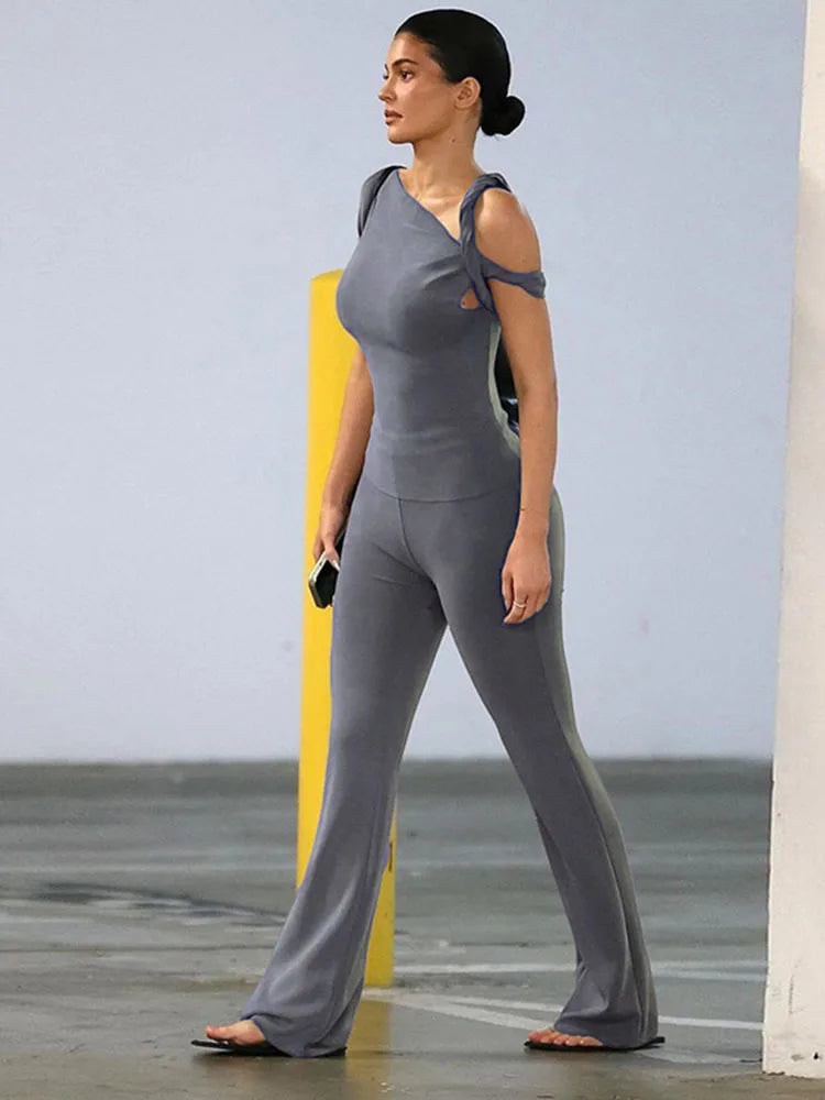 Fashion One Shoulder Backless Pants Suit Summer Solid Color Casual Slim Elegant Pants Suit Women’s Pants Suit 2-piece Set