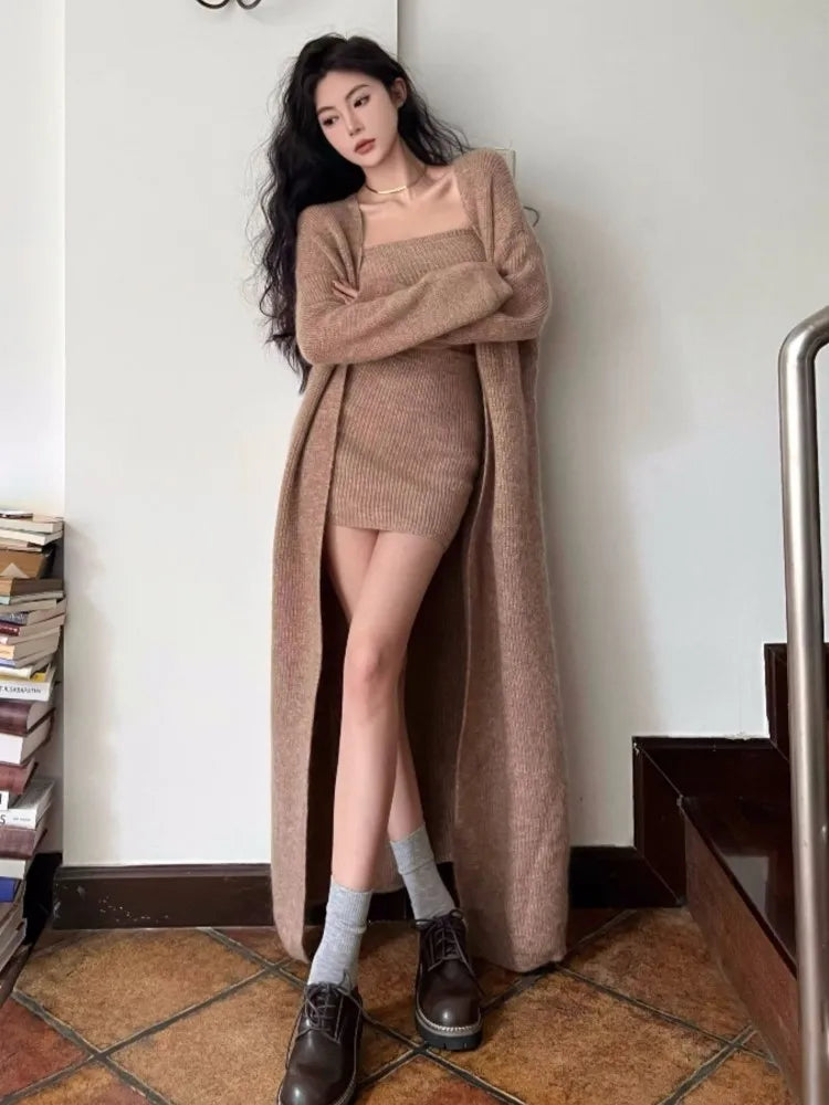 Conjunto de falda de punto de 3 piezas para mujer, cárdigan largo liso sin tirantes, minifalda Y2K, prenda de punto elegante coreana, otoño e invierno, nuevo