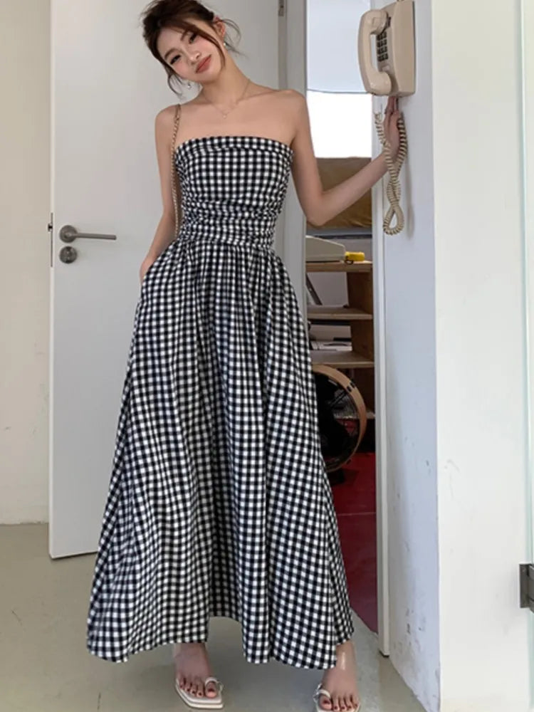 Vestidos midi casuales sin tirantes para mujer, a rayas, sin mangas, corte en A, estilo coreano, elegante, para fiesta de verano, nuevos vestidos para mujer