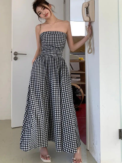 Vestidos midi casuales sin tirantes para mujer, a rayas, sin mangas, corte en A, estilo coreano, elegante, para fiesta de verano, nuevos vestidos para mujer