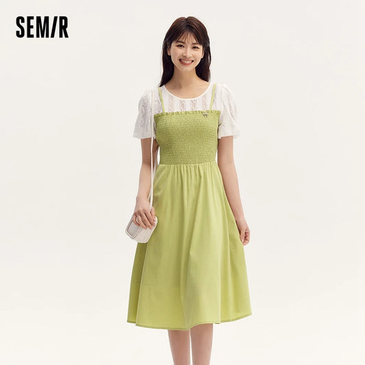 Dress Women Bubble Sleeves Lace Patchwork Faux Two-Piece Slim Fit  Summer New Fresh Style Round Neck Mid-Length Skirt