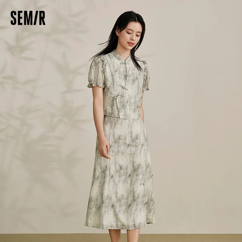 Traje de marca compartida para mujer, top corto ajustado, falda larga abierta, conjunto de ropa Guo Feng de verano de dos piezas