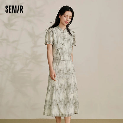 Traje de marca compartida para mujer, top corto ajustado, falda larga abierta, conjunto de ropa Guo Feng de verano de dos piezas