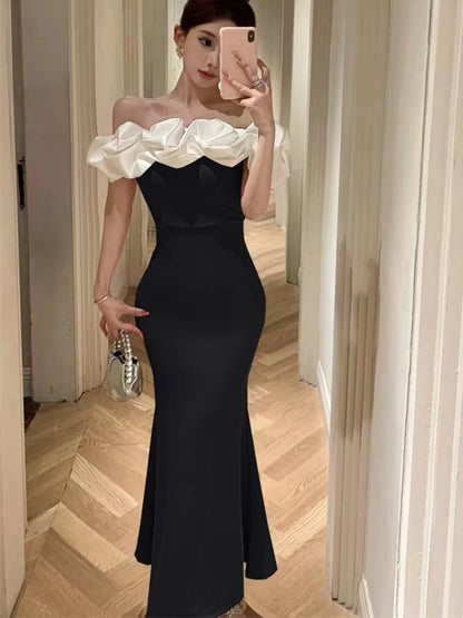 Vestido de fiesta sexy ajustado con hombros descubiertos para mujer, nuevo vestido de retazos de cintura estrecha, elegante, a la moda, para graduación, largo