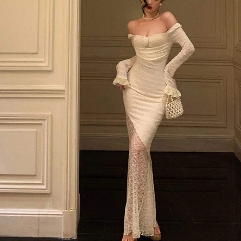 Sexy Solid Lace Maxi Dresses for Women Off Shoulder Bodycon Mermaid Autumn Birthday Evening Party Prom Robe Vestidos Mujer New