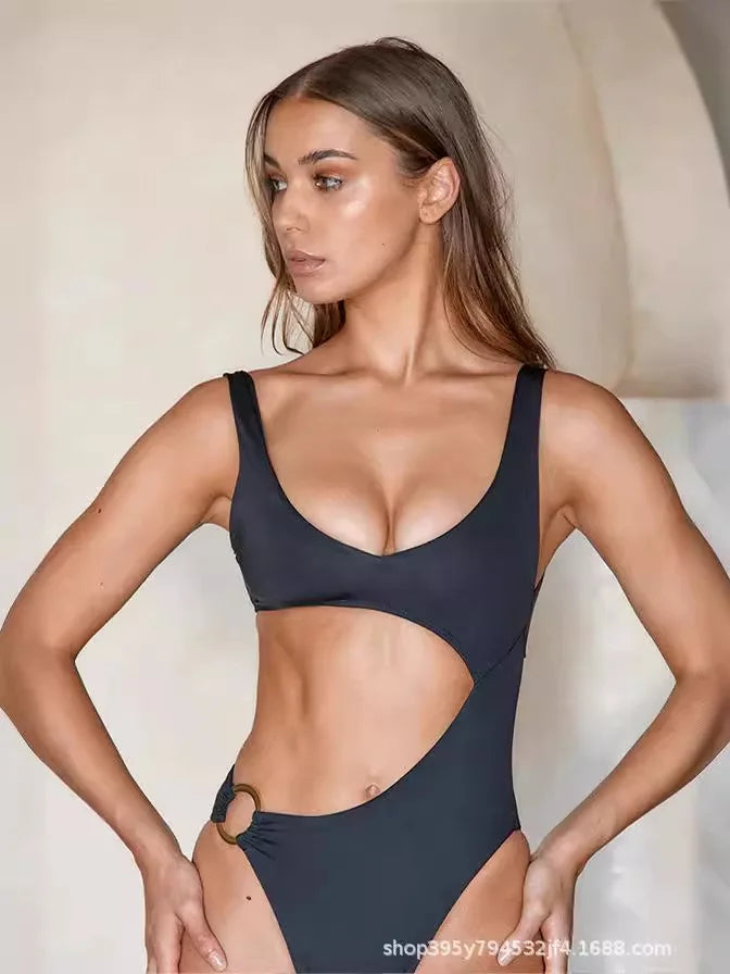 Traje de baño de vacaciones Y2K de color sólido sexy con agujeros de verano transfronterizo europeo y americano